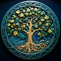 ornate tree of life with blue background celtic design