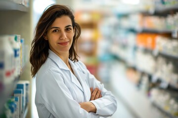 Caucasian woman in white lab coat stands with arms crossed in front of pharmacy counter. Medicines in bottles on shelf in background. Expert pharmacist pro in health care.