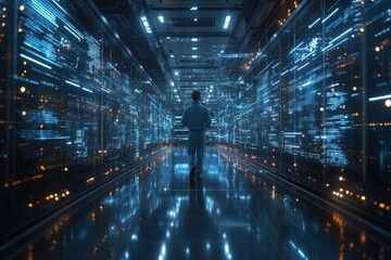 Fototapeta premium A man stands in front of a large blue cloud with a city in the background