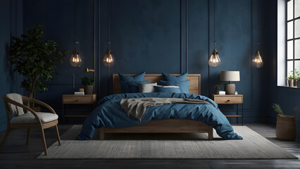 Fototapeta premium Dark cold blue bedroom interior with linen sheet on bed, wall mock up, 3d render generative ai
