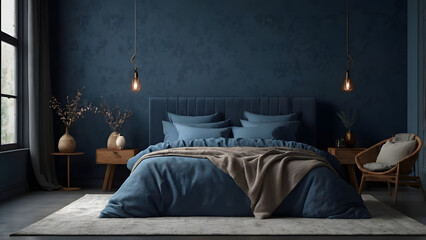 Dark cold blue bedroom interior with linen sheet on bed, wall mock up, 3d render generative ai