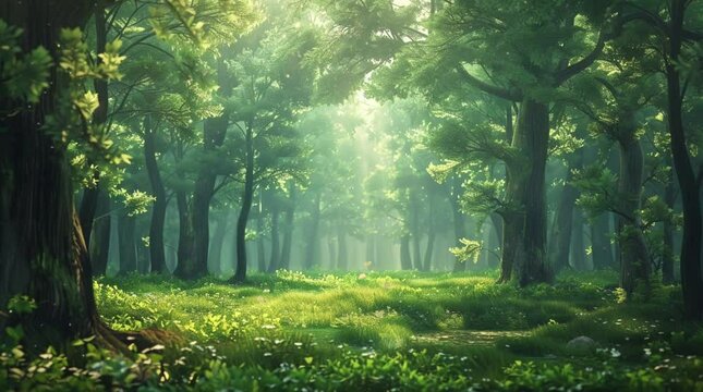 Enchanting fantasy forest with magical light rays shining through lush trees in a mystical setting
 Seamless looping 4k time-lapse virtual video animation Generated AI