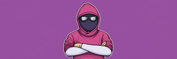 Fototapeta premium A cartoon illustration of a person in a pink hoodie and sunglasses, with their face obscured.