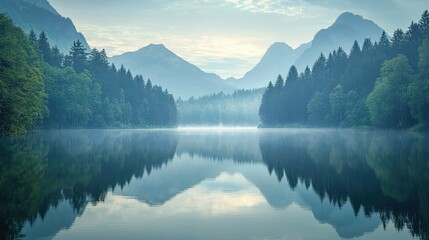 Serene mountain lake with misty reflections of surrounding trees and distant peaks under a soft, hazy sky.