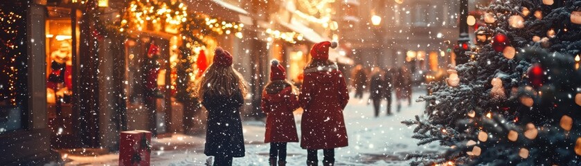 Fototapeta premium People walking down a snowy street market during Christmas with festive lights and decorated trees, creating a magical holiday atmosphere.