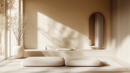 Minimalist living room with natural light, soft textures, and earthy tones in a modern interior design