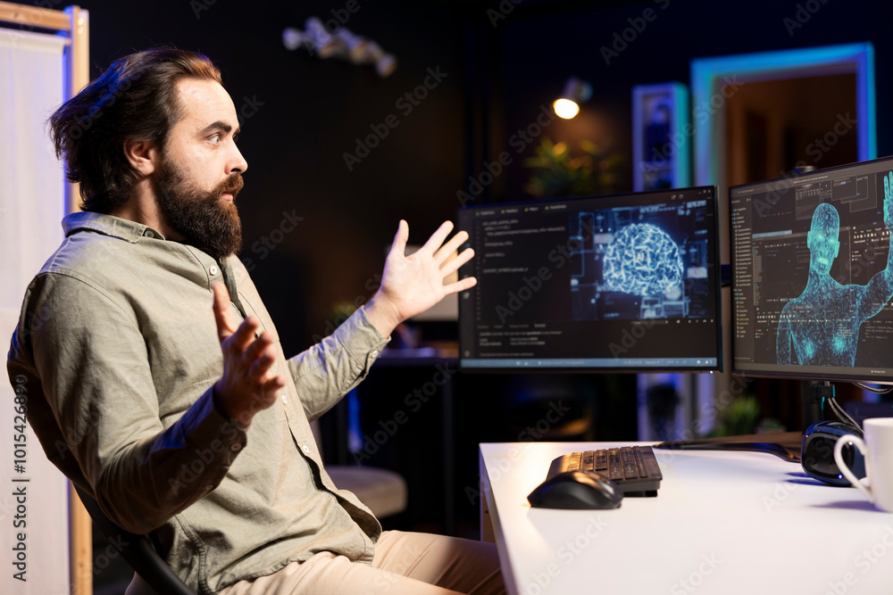 Poster startled engineer stunned by sentient ai becoming superintelligent, gaining humanoid form. bewildere