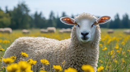 Obraz premium Sheep with flock on meadow in background on sunny day