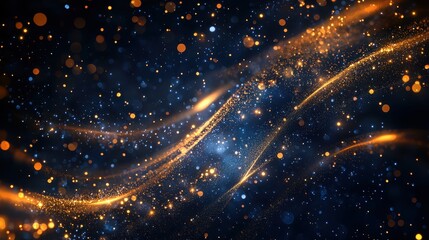 Fototapeta premium Glowing golden particles and light streaks on a dark blue background, creating a magical and ethereal abstract scene.