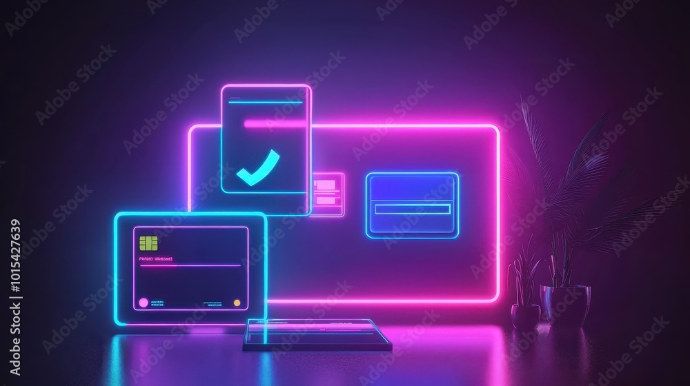 Poster futuristic neon-lit user interface design on various devices showcasing vibrant digital interactivit
