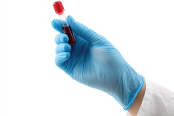 A hand in blue gloves holding a test tube filled with blood in a clinical laboratory setting during daylight hours