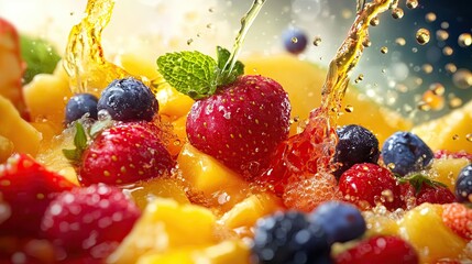 Fresh fruit splashes in a vibrant bowl creating a colorful and refreshing summer beverage in bright...