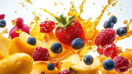 Fresh fruit splashes with strawberry, raspberry, and blueberry at a summer picnic highlighting vibrant colors and refreshing juiciness