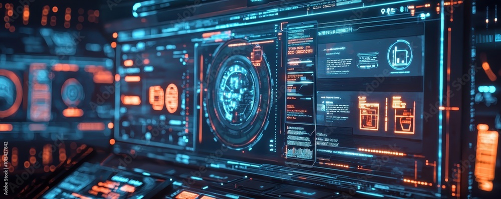 Poster futuristic digital interface with holographic displays featuring data analysis and high-tech graphic