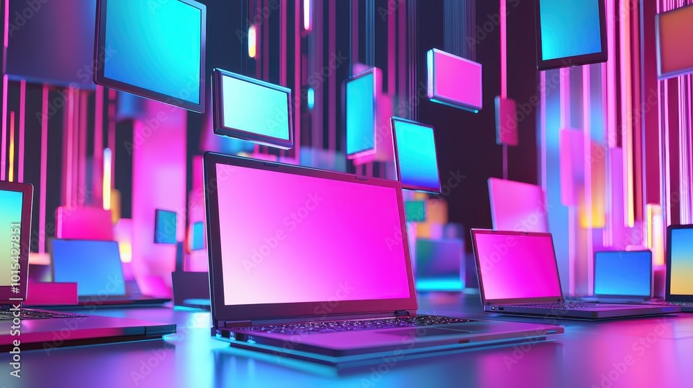 Poster futuristic laptops with vibrant screens floating in a colorful digital environment, representing mod