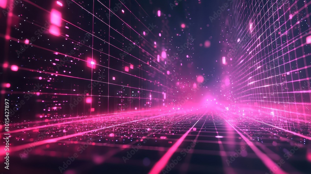 Poster futuristic digital landscape with neon lights and grid patterns, showcasing advanced technology and 