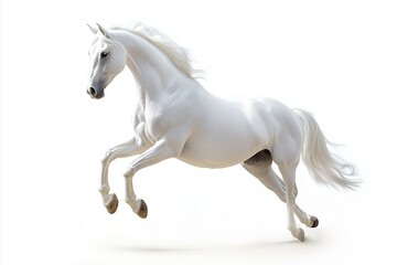 Naklejka premium A majestic white horse leaps gracefully against a plain background, showcasing its strength and elegance in mid-air
