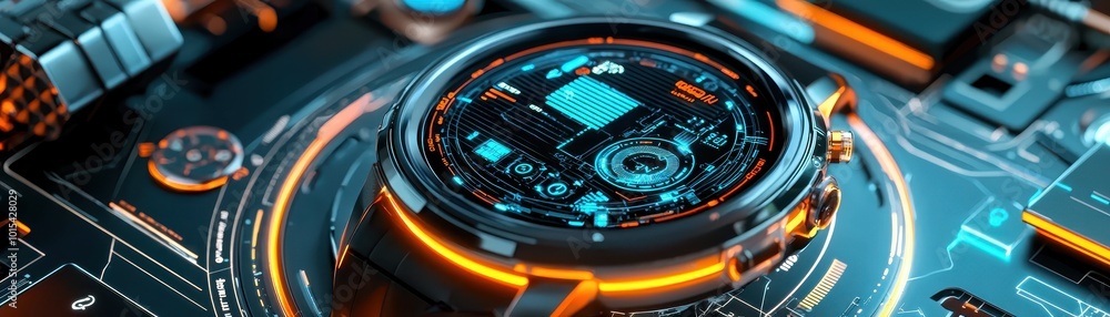 Poster futuristic digital interface with glowing elements, showcasing advanced cyber technology and intrica
