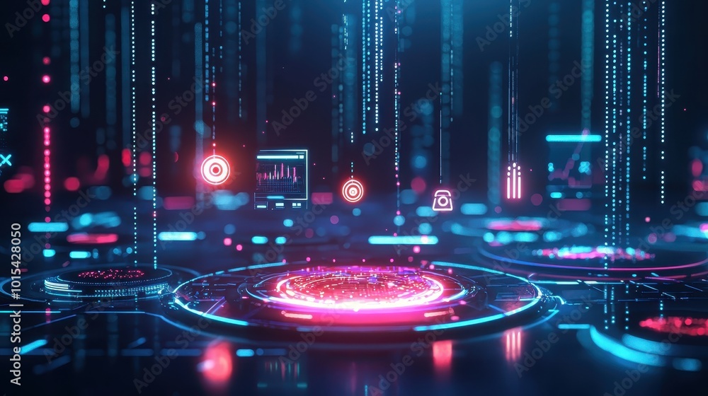 Poster futuristic digital interface with glowing neon lights and holographic data in a high-tech environmen