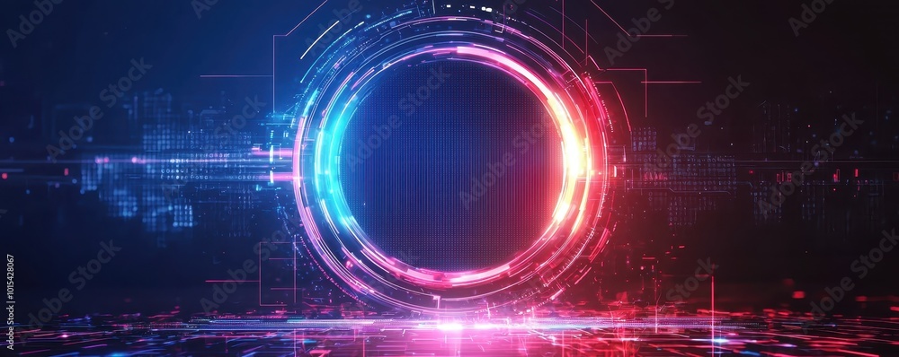 Poster futuristic circular interface design with glowing neon lights and digital elements, perfect for tech