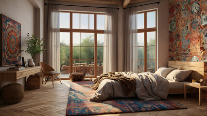 Bohemian Style Bedroom Interior 3D Render with Panorama View generative ai
