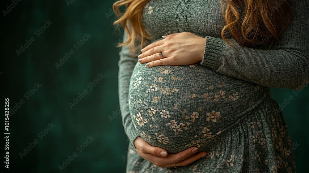 Wall mural pregnant woman's belly in light tights, symbolizing new life, motherhood, and the miracle of pregnan