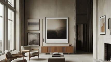 Modern living room interior featuring large artwork and stylish furniture in a minimalist design during daylight