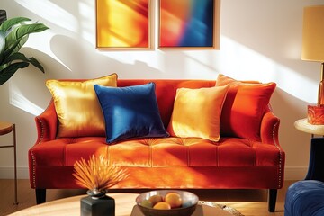 A cozy living room with a vibrant orange velvet sofa adorned with colorful pillows in warm, sunny afternoon light