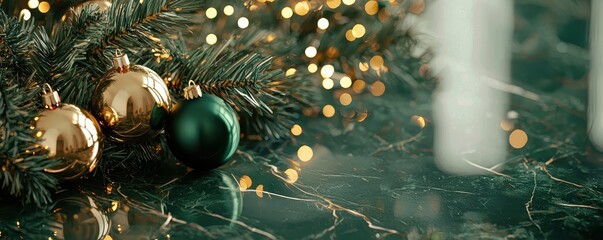 Festive Christmas decorations with gold and green ornaments on a dark marble surface, illuminated by warm fairy lights.