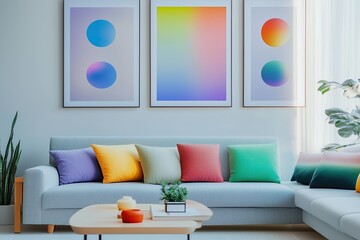 Bright and modern living room featuring colorful decor, vibrant cushions, and contemporary artwork in a stylish interior setting