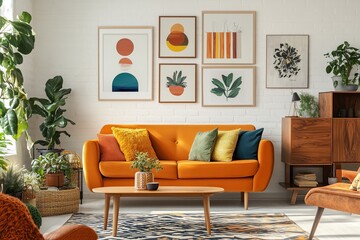 Bright and cozy living room featuring an orange couch, vibrant decor, and indoor plants in a modern home setting