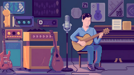 Pixel art illustration of a man playing guitar in a recording studio with blue and brown tones, capturing the essence of creative passion. 
