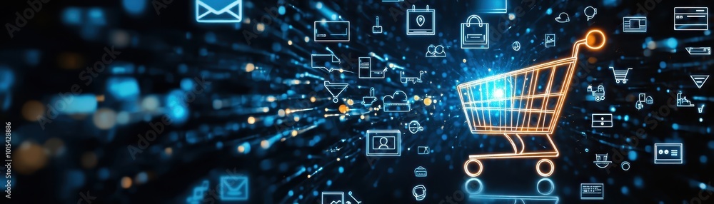Aufkleber digital shopping cart surrounded by icons representing online services, highlighting e-commerce and 