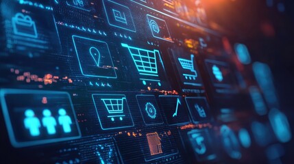 Digital interface displaying shopping icons and analytics, representing e-commerce and data connectivity in a futuristic style.