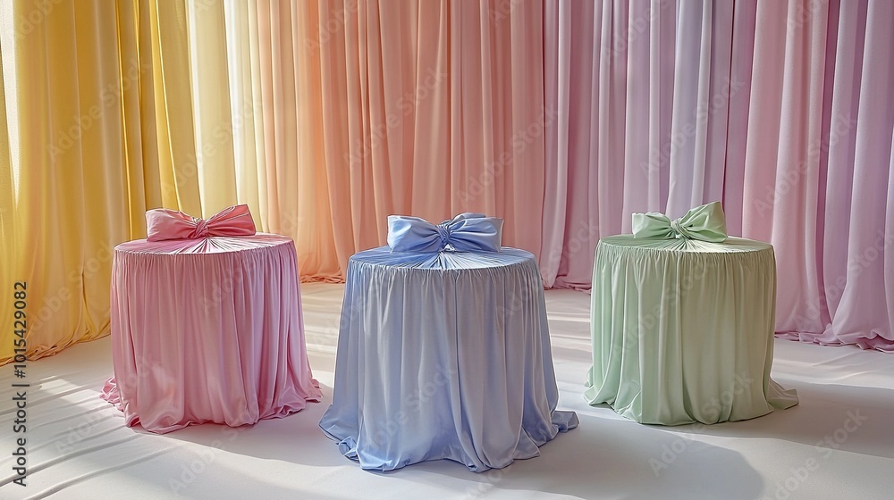Poster a table with a bow on top, next to another with a bow atop