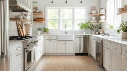 A spacious kitchen showcases white cabinetry, stainless-steel appliances, and open shelving adorned with plants. Natural light floods the area, creating an inviting and vibrant cooking space.