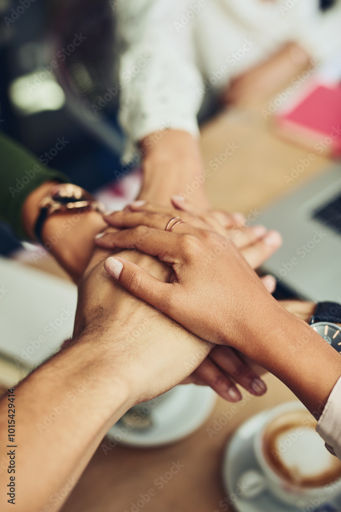 Poster collaboration, hands and unity with business people in coffee shop together for solidarity or suppor