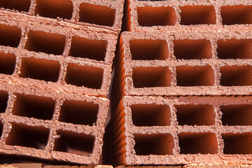 Hollow extruded bricks closeup