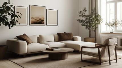 Cozy living room featuring modern furniture and soft earth tones in a sunlit space with decorative plants and minimalist artwork
