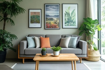 Modern living room with a cozy sofa, decorative pillows, and framed nature artwork in a stylish interior setting