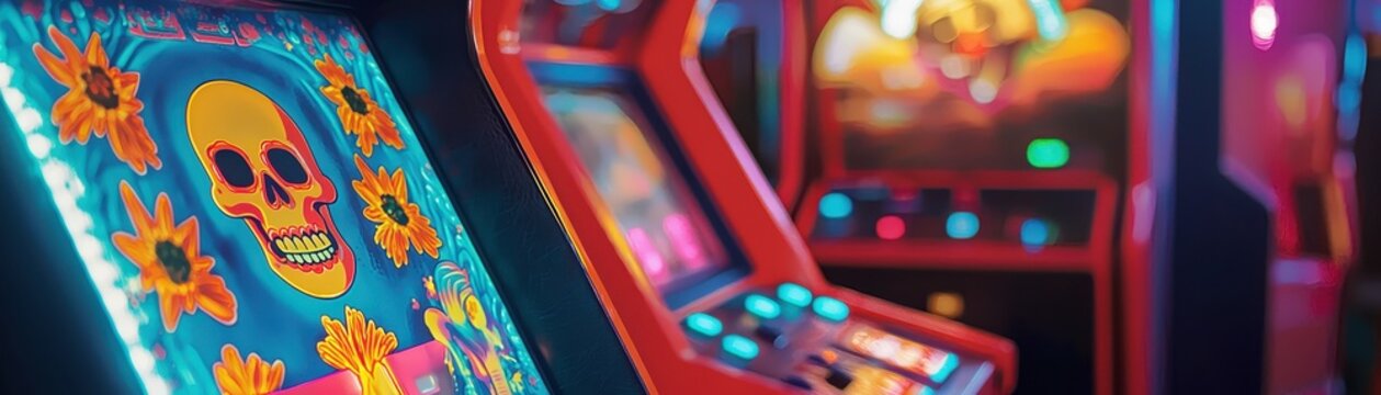 Colorful retro arcade game machines glowing with vibrant lights, creating a nostalgic gaming atmosphere in a dimly lit environment.