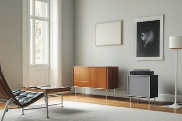 Stylish modern living room with sleek furniture and artwork in a bright, spacious environment during daylight hours