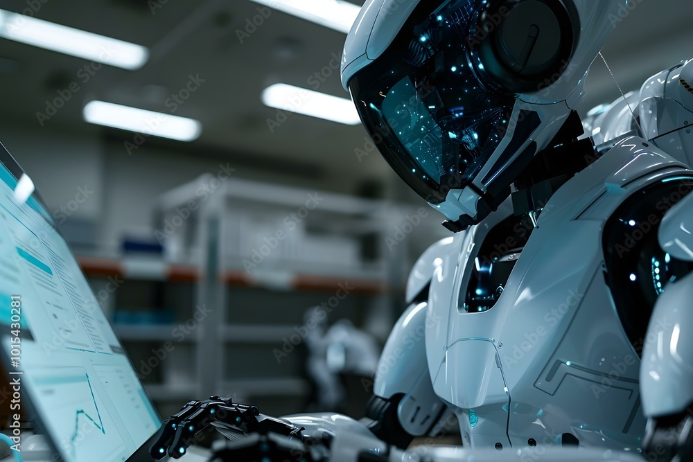 Poster humanoid robot using online digital e invoice and statements software.