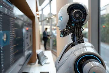 Humanoid Robot Video Conference Learning Call. Work From Home, robot, online, ai, artificial, conferencing, intelligence, code, conference, tech, machine, video, technology, future, monitor