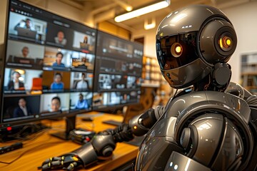 Fototapeta premium Humanoid Robot Watching Online Video Conference Meeting In Office.