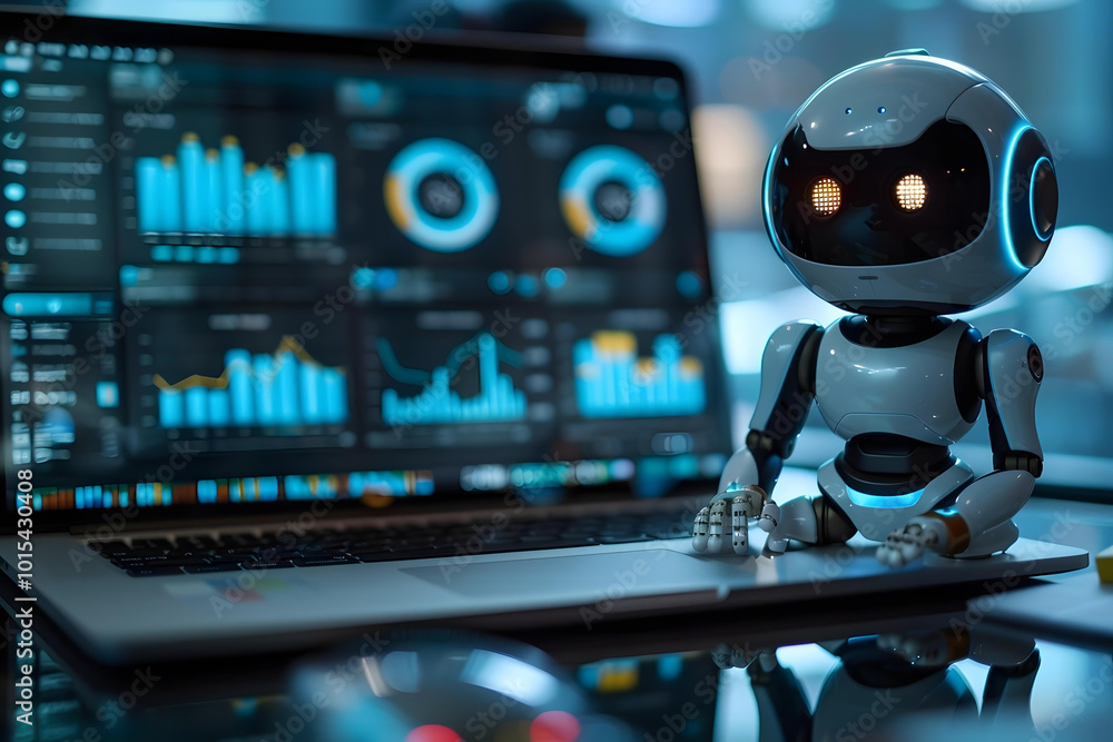 Poster humanoid robot analyzing kpi dashboard data on business laptop.