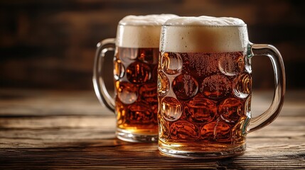 Two Beer Mugs Filled with Frothy Beer on Wooden Table in Cozy Pub for Celebratory and Social Gathering Themes
