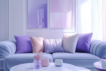 Soft pastel colors adorn a cozy living room sofa filled with decorative throw pillows in a serene,...