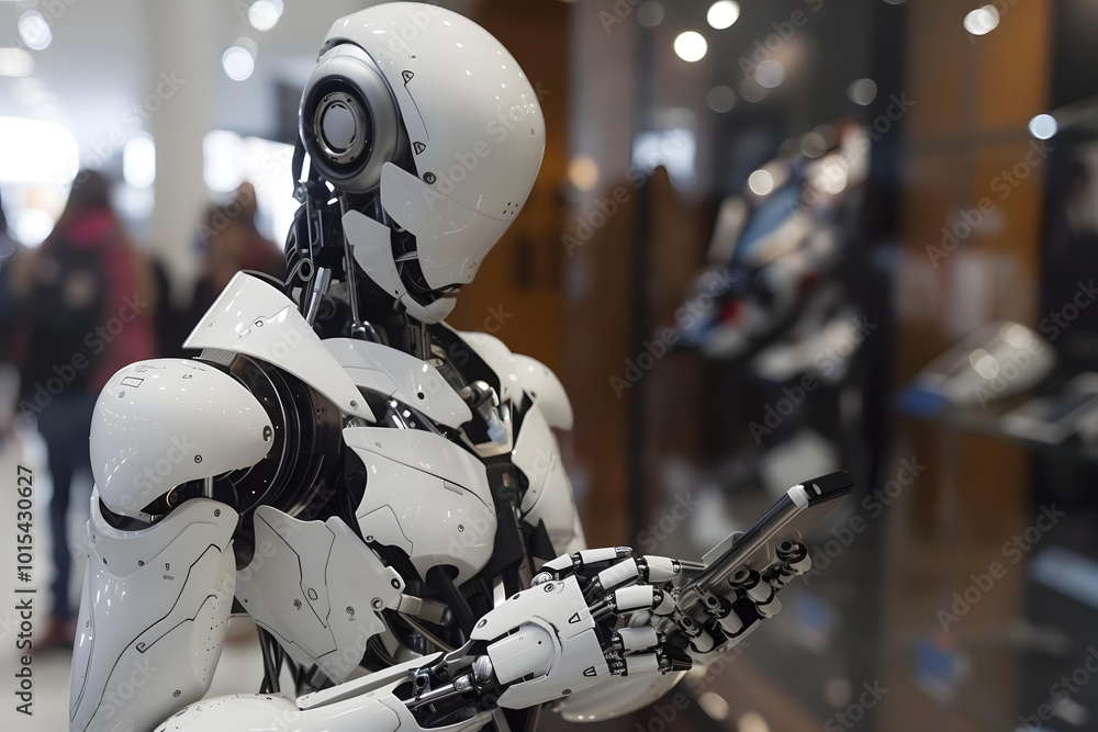 Aufkleber close-up of a humanoid robot typing text message on mobile phone
