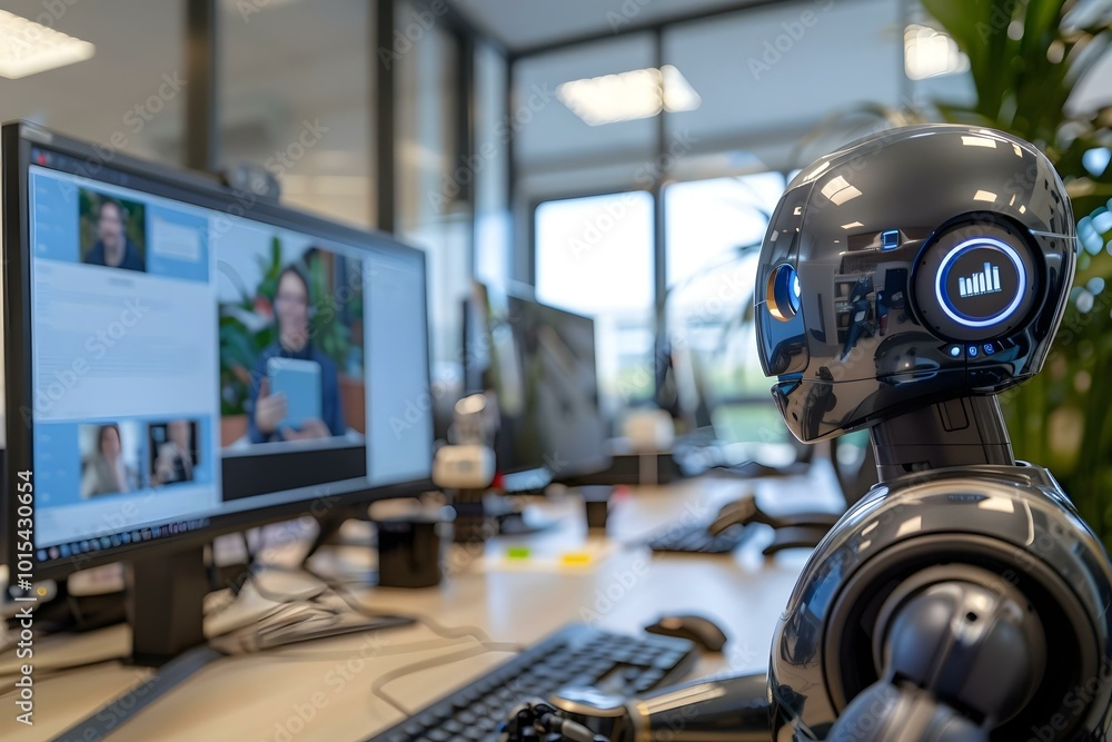 Poster humanoid robot videochatting with colleagues on computer in office.
